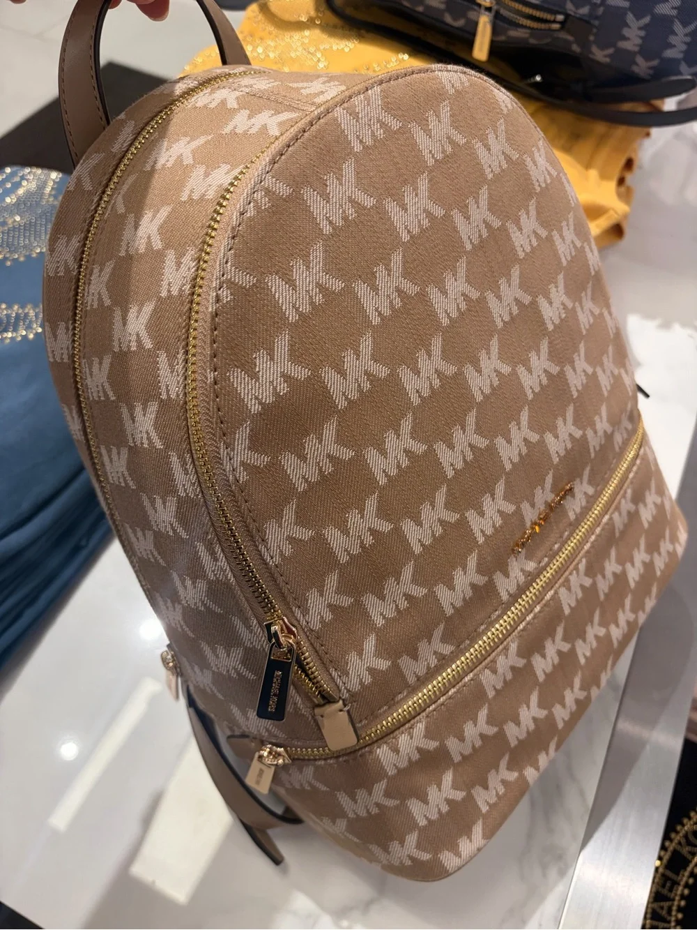Michael Kors Denim Blue MK Monogram Rhea Backpack Medium cream new